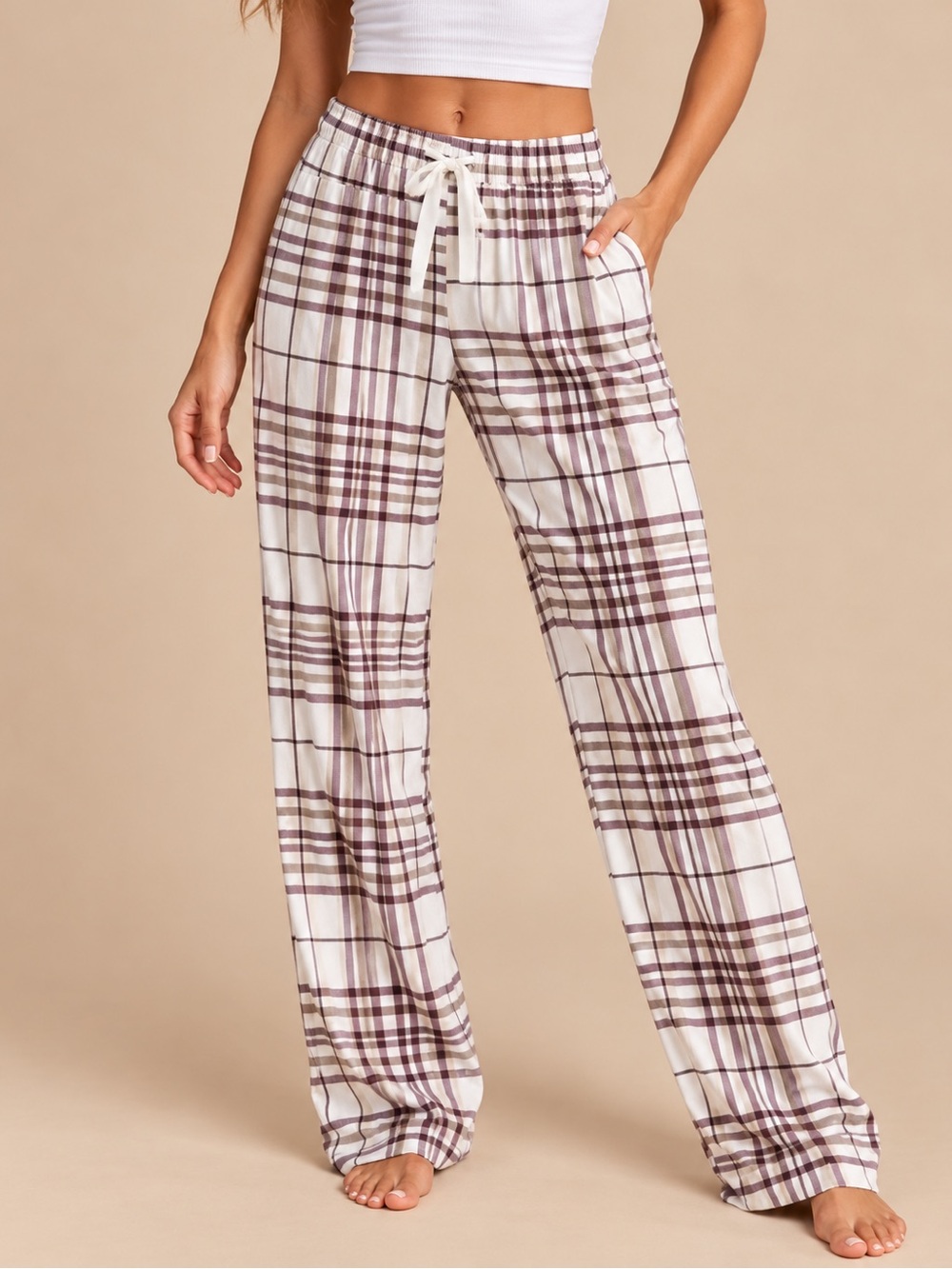 SHEIN White & Brown Plaid Wide-Leg Lounge Pants
